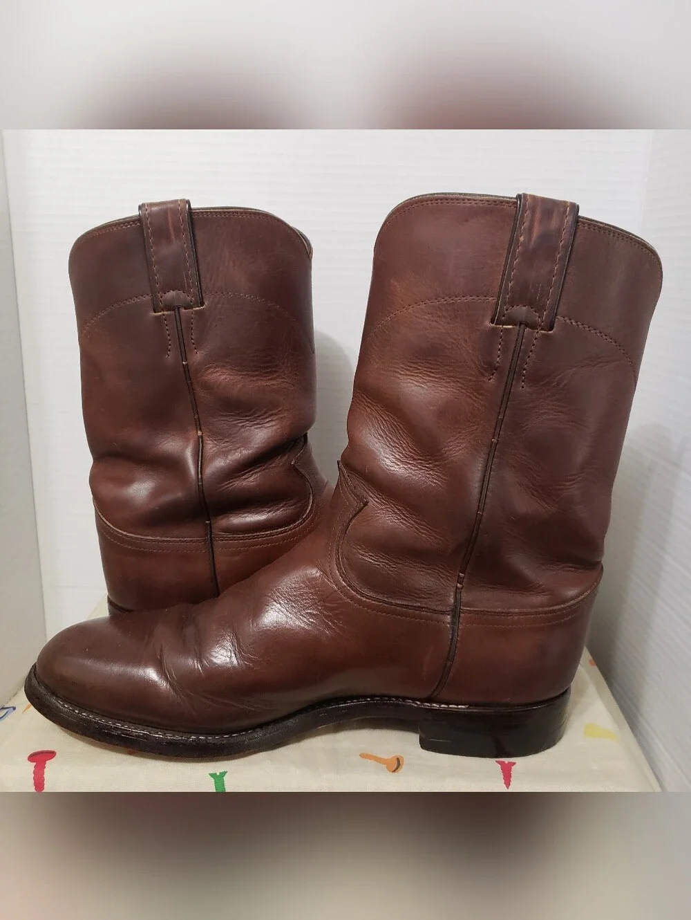 Justin Men's Bay Apache Cowhide Leather Roper Western Cowboy Boots 3408 9D Brown